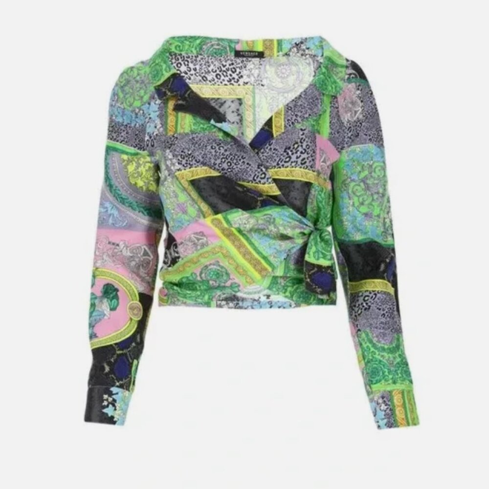 Versace Barocco tie front wrap silk top